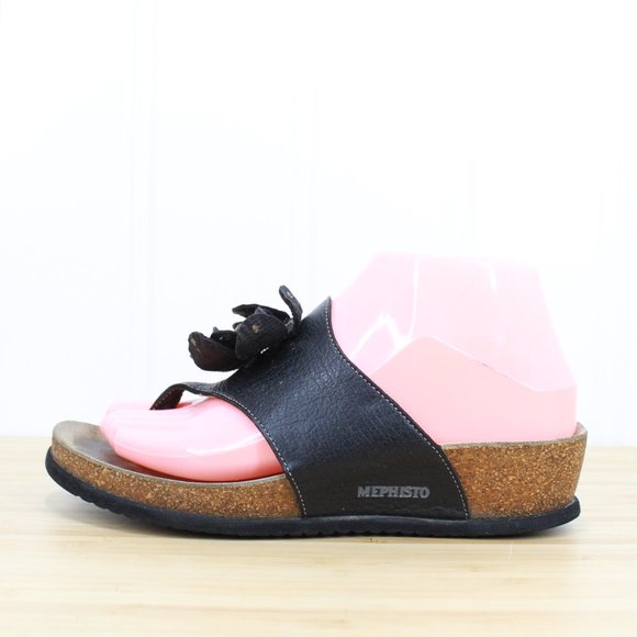 Mephisto Shoes - MEPHISTO Women's Violette Flower Black Leather Thong Sandals Cork Footbed 37 / 7